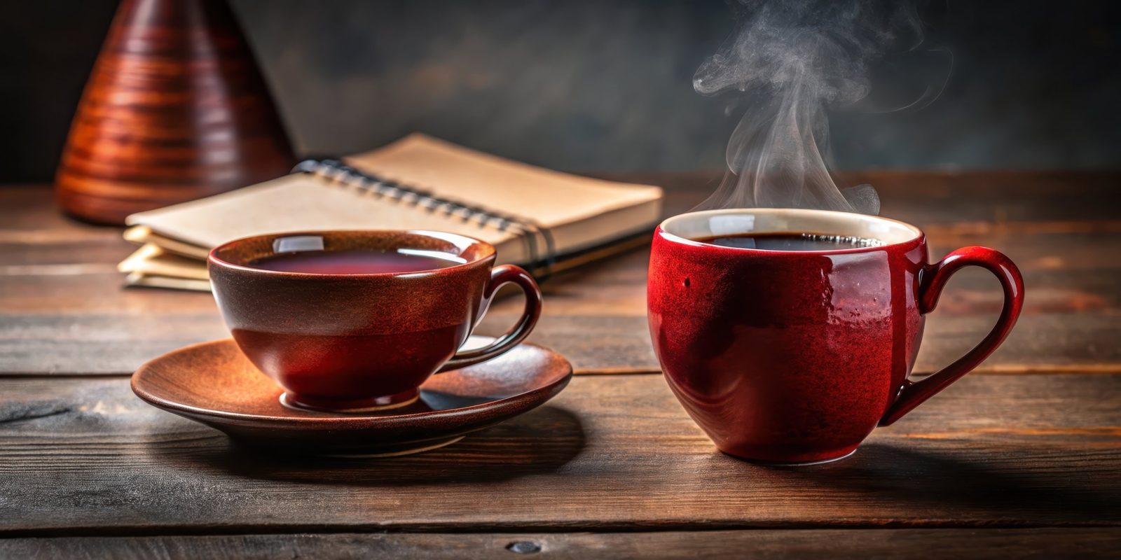 Dos tazas de café sobre una mesa de madera junto a una libreta