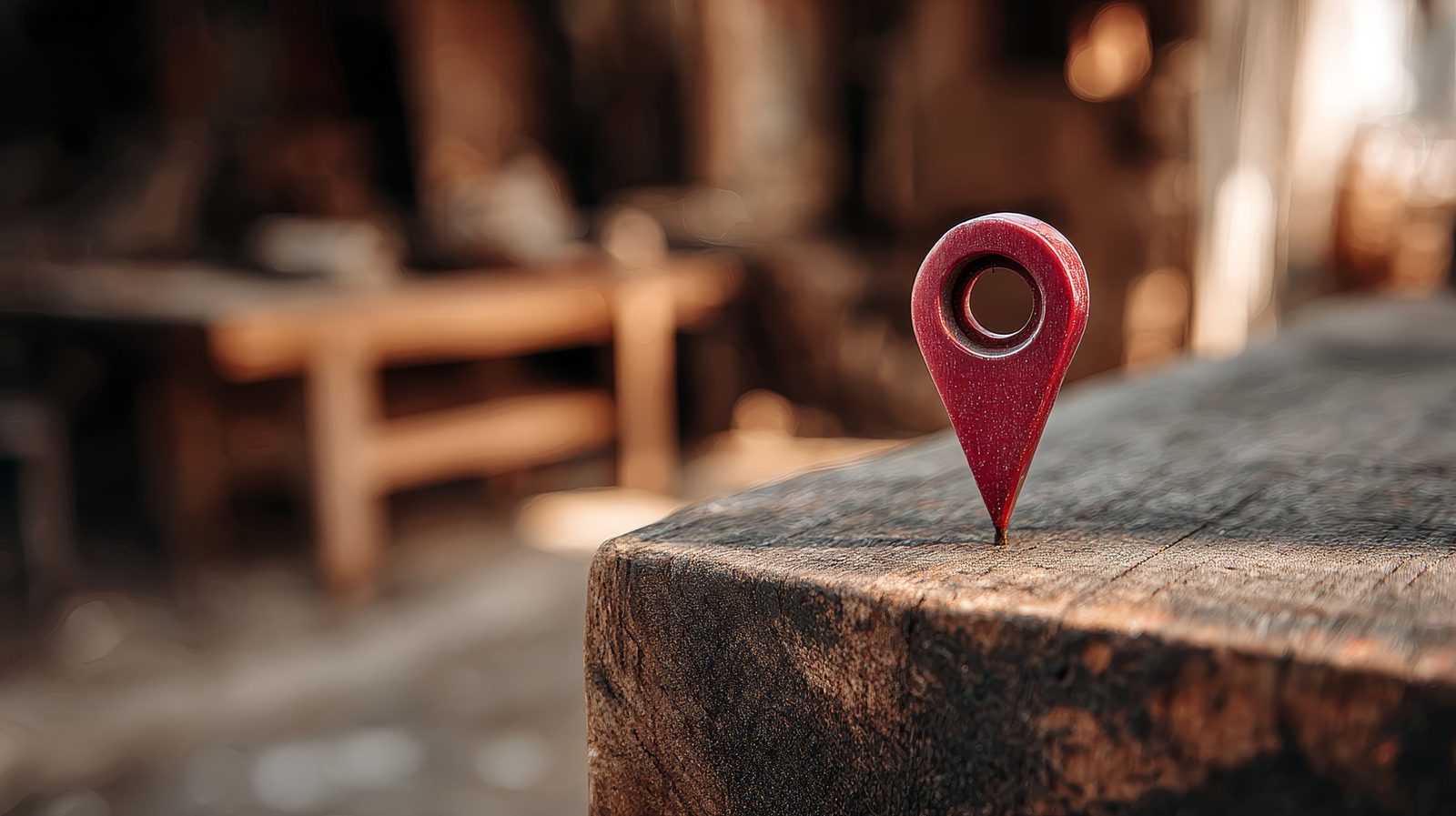 Marcador de ubicación rojo clavado sobre una mesa de madera